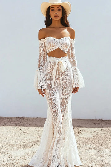 Boho Off the Shoulder White Lace Mermaid Wedding Dress